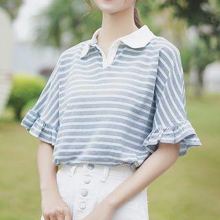 Ruffle Trim Short-sleeve Striped Polo Shirt