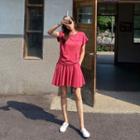 Set: Cap-sleeve Letter-embroidered T-shirt + Pleated Mini Skort