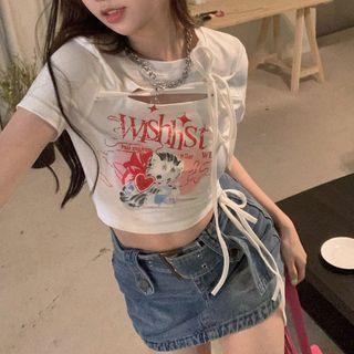 Short-sleeve Cat Print Bow Crop Top