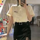 Short-sleeve Lettering T-shirt / Slit Mini Pencil Skirt