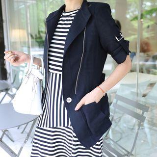 3/4-sleeve Pocket-detail Linen Blend Jacket With Belt
