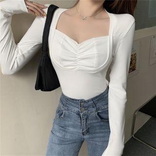 Square Collar Shirred Front Plain Top