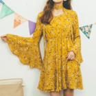Bell-sleeve Floral Print Chiffon Dress