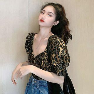 Leopard Print Puff-sleeve Crop Top As Figure - One Size