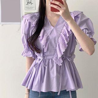 Puff-sleeve Lace Trim V-neck Blouse