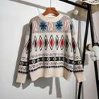 Jacquard Round-neck Argyle Sweater Off-white - One Size