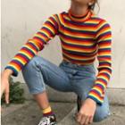 Striped Crop Ribbed Knit Top Red & Yellow & Blue - One Size