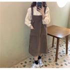Set: Puff Sleeve Plain Blouse + Corduroy Overall Dress
