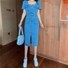 Short-sleeve Square-neck Open-back Denim Midi Sheath Dress