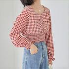 Gingham Long-sleeve Cropped Blouse