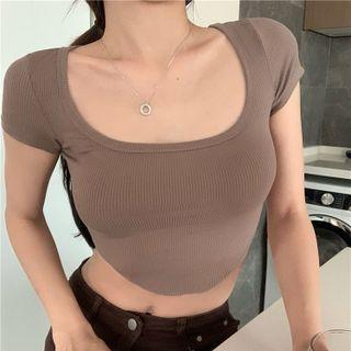 Short-sleeve Plain Asymmetric Cropped Top