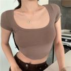 Short-sleeve Plain Asymmetric Cropped Top