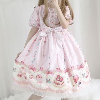 Short-sleeve Cake Print Lace Trim A-line Dress
