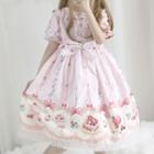 Short-sleeve Cake Print Lace Trim A-line Dress