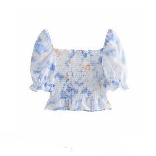 Puff-sleeve Tie-dyed Smocked Blouse