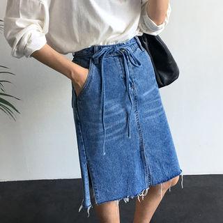 Slit-side Denim Midi Skirt With Sash