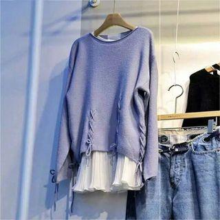 Mock Two-piece Lace Up Long-sleeve Knit Top