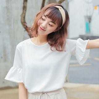 Frilled Short-sleeve Tie-neck Top