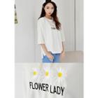 3/4-sleeve Lettering-embroidered T-shirt