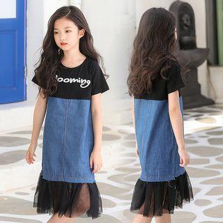 Family Matching Denim Panel Lettering Short-sleeve A-line Dress