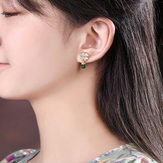 Clover Drop Ear Stud 1 Pair - Milky White & Green & Gold - One Size