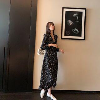 V-neck Star Print Slit Midi A-line Dress