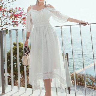 Lace Trim Cold Shoulder Midi A-line Dress
