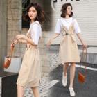 Set: Elbow-sleeve T-shirt + Spaghetti Strap A-line Dress