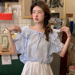 Puff-sleeve Frilled Peter Pan-collar Tie-strap Blouse