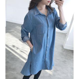 Ruffle-hem Dip-back Denim Shirtdress