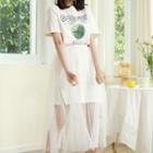 Set: Printed Short-sleeve T-shirt Dress + Mesh Midi Skirt White - One Size