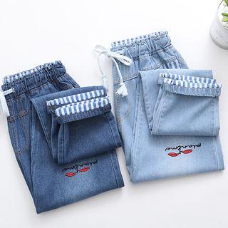 Drawstring Waist Embroidered Washed Jeans