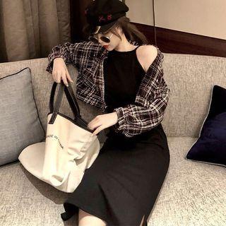 Cropped Plaid Jacket / Spaghetti Strap Midi Dress