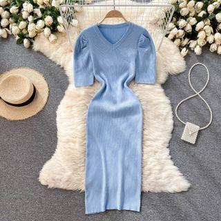 V-neck Puff-sleeve Knit Dress