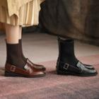 Genuine Leather Knit Panel Platform Ankle Boots