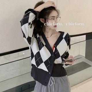 Argyle Button-down Crop Knit Top As Figure - One Size