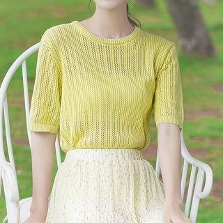 Short-sleeve Pointelle Knit Top / Floral Midi A-line Skirt / Set