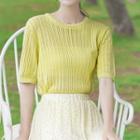 Short-sleeve Pointelle Knit Top / Floral Midi A-line Skirt / Set