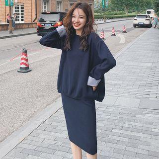 Set: Panel Sweater + Knit Midi Skirt Sweater - Navy Blue - One Size / Skirt - Navy Blue - One Size