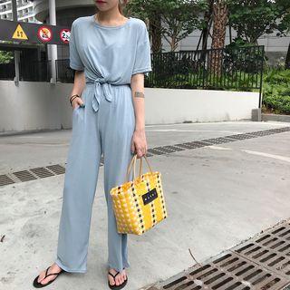 Set: Plain Short-sleeve Top + Wide-leg Pants