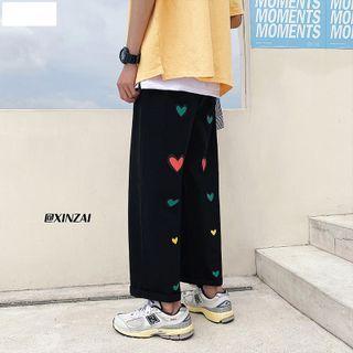 Heart Print Cropped Straight Leg Pants