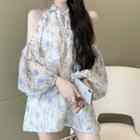 Long-sleeve Off Shoulder Floral Lace Up Loose Fit Blouse Floral - White - One Size