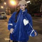 Faux Shearling Stand-collar Heart Print Zip-up Jacket Sapphire Blue - One Size