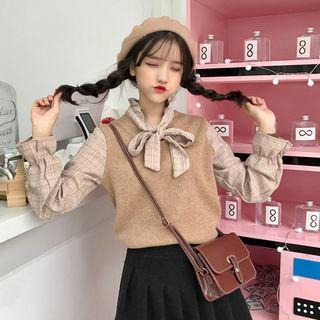 Bow Accent Plaid Panel Blouse