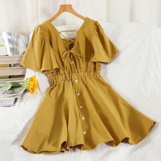 Short-sleeve Button Up Mini A-line Dress