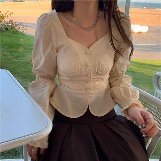 Puff-sleeve Plain Blouse / Plain Midi Skirt