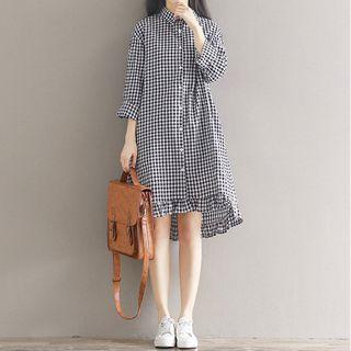 Long-sleeve Plaid Frill Trim Shirtdress
