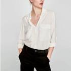 Long-sleeved Open-front Pocketed Plain Blouse
