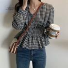 Long-sleeve V-neck Plaid Blouse As Shown In Figure - One Size