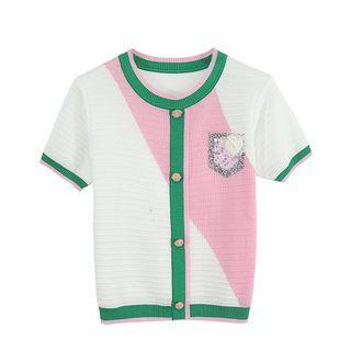 Short-sleeve Color Block Buttoned Knit Top Pink & White - One Size